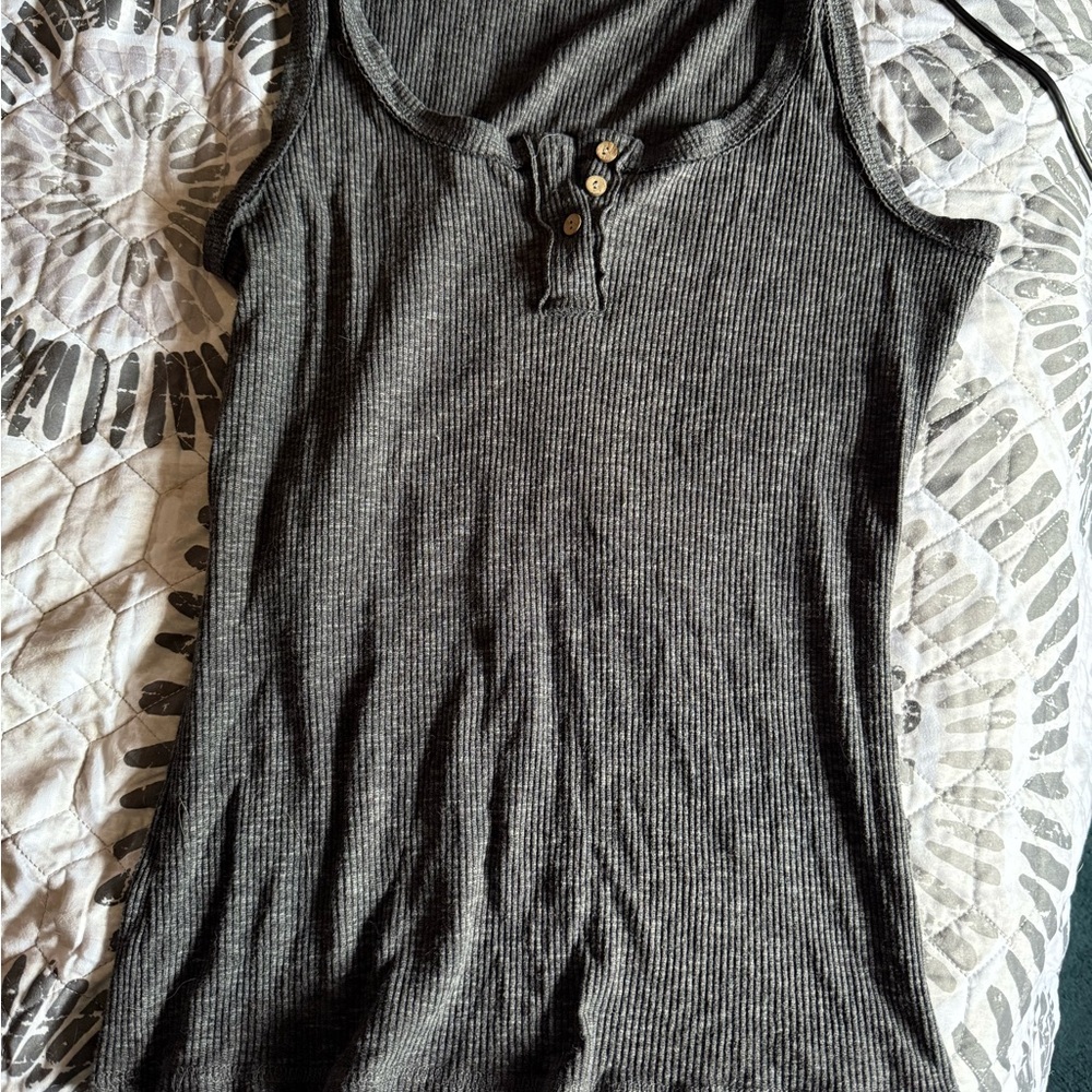 Flattering Button Front Cute Gray Ribbed Tank Top